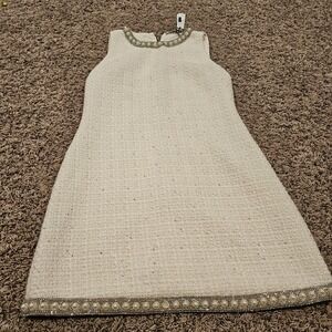 Alice + Olivia Coley Off White Pearl Rhinestone Tweed Shift Dress Size 10
